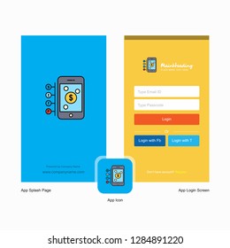 Company Money through smartphone  Splash Screen and Login Page design with Logo template. Mobile Online Business Template