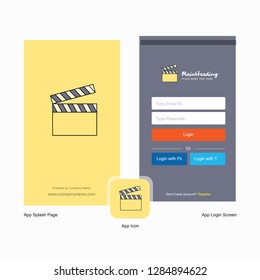 Company Movie clip Splash Screen and Login Page design with Logo template. Mobile Online Business Template