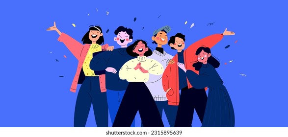 Una compañía de colegas multiculturales. Un equipo feliz de amigos. Colores brillantes en la ilustración de tendencia. Piso con la línea negra. Emprendedores de pie con ropa engatusadora. Fondo de vector confetti 