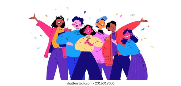 A company of multicultural colleagues. A happy team of friends. Bright colors in on-trend illustration. Flat with the black line. Entrepreneurs standing in cajoling clothes. Vector background