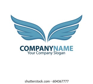 Company name emblem with blue bird wings drawn on white background. Vector illustration of business card and partnership slogan. Symbol of flight, speed moving in the air, quickly delivery service