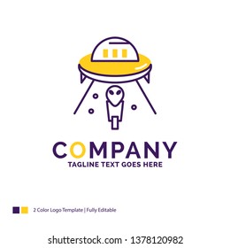 Company Name Logo Design For alien, space, ufo, spaceship, mars. Purple and yellow Brand Name Design with place for Tagline. Creative Logo template for Small and Large Business.