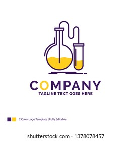 Company Name Logo Design For Analysis, chemistry, flask, research, test. Purple and yellow Brand Name Design with place for Tagline. Creative Logo template for Small and Large Business.