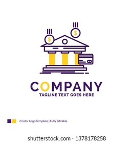 Company Name Logo Design For bank, payments, banking, financial, money. Purple and yellow Brand Name Design with place for Tagline. Creative Logo template for Small and Large Business.