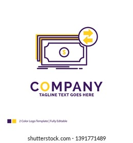 Company Name Logo Design For Banknotes, cash, dollars, flow, money. Purple and yellow Brand Name Design with place for Tagline. Creative Logo template for Small and Large Business.