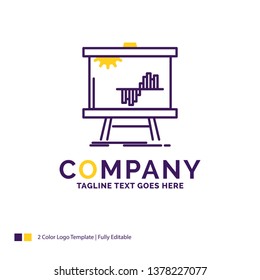 Company Name Logo Design For Business, chart, data, graph, stats. Purple and yellow Brand Name Design with place for Tagline. Creative Logo template for Small and Large Business.