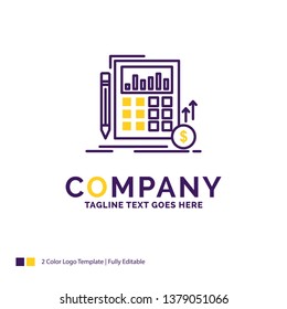 Company Name Logo Design For Calculation, data, financial, investment, market. Purple and yellow Brand Name Design with place for Tagline. Creative Logo template for Small and Large Business.
