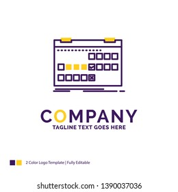 Company Name Logo Design For Calendar, date, event, release, schedule. Purple and yellow Brand Name Design with place for Tagline. Creative Logo template for Small and Large Business.