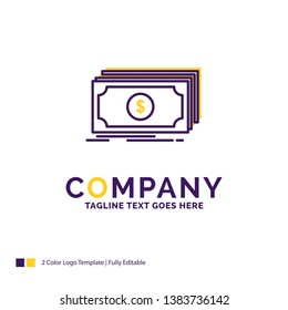 Company Name Logo Design For Cash, dollar, finance, funds, money. Purple and yellow Brand Name Design with place for Tagline. Creative Logo template for Small and Large Business.