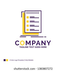 Company Name Logo Design For Check, checklist, list, task, to do. Purple and yellow Brand Name Design with place for Tagline. Creative Logo template for Small and Large Business.