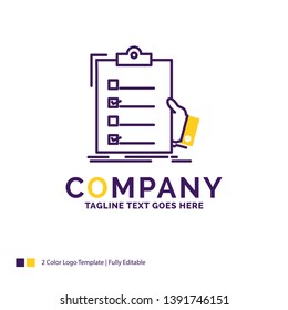 Company Name Logo Design For checklist, check, expertise, list, clipboard. Purple and yellow Brand Name Design with place for Tagline. Creative Logo template for Small and Large Business.