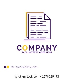 Company Name Logo Design For Code, coding, doc, programming, script. Purple and yellow Brand Name Design with place for Tagline. Creative Logo template for Small and Large Business.