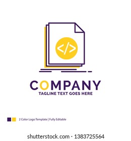 Company Name Logo Design For Code, coding, file, programming, script. Purple and yellow Brand Name Design with place for Tagline. Creative Logo template for Small and Large Business.