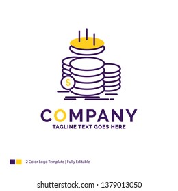 Company Name Logo Design For coins, finance, gold, income, savings. Purple and yellow Brand Name Design with place for Tagline. Creative Logo template for Small and Large Business.