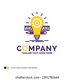 Company Name Logo Design For Development, idea, bulb, pencil, scale. Purple and yellow Brand Name Design with place for Tagline. Creative Logo template for Small and Large Business.