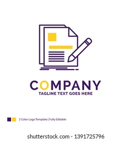 Company Name Logo Design For document, file, page, pen, Resume. Purple and yellow Brand Name Design with place for Tagline. Creative Logo template for Small and Large Business.