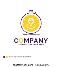 Company Name Logo Design For fast, speed, stopwatch, timer, girl. Purple and yellow Brand Name Design with place for Tagline. Creative Logo template for Small and Large Business.