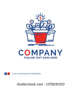 Company Name Logo Design For growth, money, plant, pot, tree. Blue and red Brand Name Design with place for Tagline. Abstract Creative Logo template for Small and Large Business.