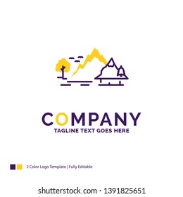 Company Name Logo Design For hill, landscape, nature, mountain, tree. Purple and yellow Brand Name Design with place for Tagline. Creative Logo template for Small and Large Business.