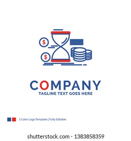 Company Name Logo Design For Hourglass, management, money, time, coins. Blue and red Brand Name Design with place for Tagline. Abstract Creative Logo template for Small and Large Business.