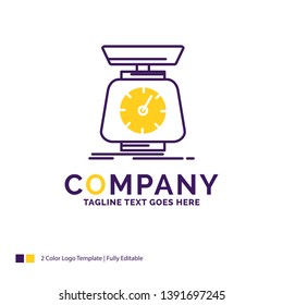 Company Name Logo Design For implementation, mass, scale, scales, volume. Purple and yellow Brand Name Design with place for Tagline. Creative Logo template for Small and Large Business.