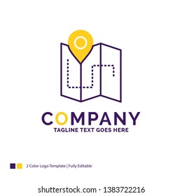 Company Name Logo Design For Map, Camping, plan, track, location. Purple and yellow Brand Name Design with place for Tagline. Creative Logo template for Small and Large Business.
