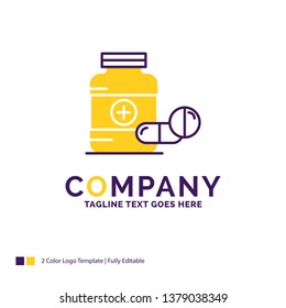 Company Name Logo Design For medicine, Pill, capsule, drugs, tablet. Purple and yellow Brand Name Design with place for Tagline. Creative Logo template for Small and Large Business.