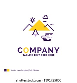 Company Name Logo Design For Mountains, Nature, Outdoor, Clouds, Sun. Purple and yellow Brand Name Design with place for Tagline. Creative Logo template for Small and Large Business.