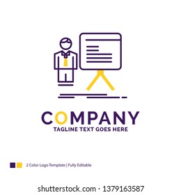 Company Name Logo Design For presentation, businessman, chart, graph, progress. Purple and yellow Brand Name Design with place for Tagline. Creative Logo template for Small and Large Business.