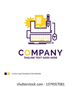 Company Name Logo Design For Type Writer, paper, computer, paper, keyboard. Purple and yellow Brand Name Design with place for Tagline. Creative Logo template for Small and Large Business.