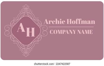 Company name on business card, logotype and information about services and products to offer. Elegant design with swirls and logo, emblem for production and advertisement. Vector in flat style