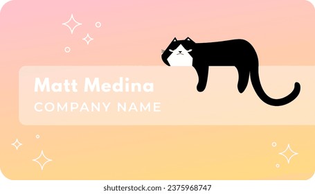 Firmenname auf Stück Papier, süßes und lustiges Katzen Haustier auf Schachtel mit personalisiertem Text. Schlauer Effekt, Sterne oder funkelnde. Visitenkarten, Werbung oder Branding. Vektorgrafik auf ebene