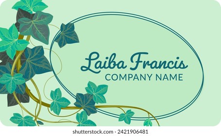 Company name and owners information about organization on paper for deals. Carte de visite with ivy plant decoration print. Business or visiting card, advertising of services. Vector in flat style