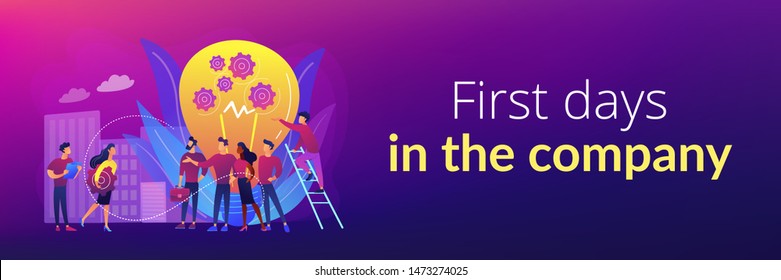 Company newcomers, personnel, staff. New team members, adaptation of new employees, first days in company, new employees training concept. Header or footer banner template with copy space.