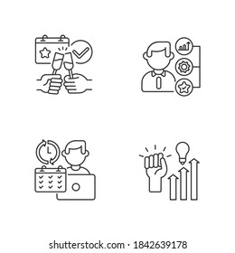 Company occupation linear icons set. Full time job, events, skills and abilities, workers motivation customizable thin line contour symbols. Isolated vector outline illustrations. Editable stroke