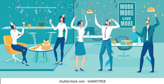 Company Office Close-knit Team Celebrating Colleagues Birthday. Men and Women in Formal Official Suits on Corporate Party. Friendly Business Working Environment. Flat Cartoon Vector Illustration.