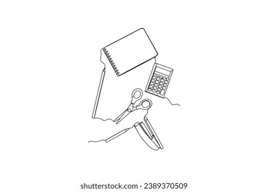 Company office equipmenr. Officer equipment minimalist concept, continuous line, work equipment.