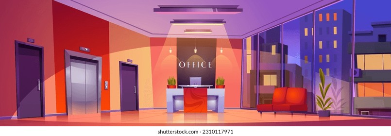 Company office interior with furniture at night. Vector cartoon illustration of hall with doors, elevator, computer on reception desk, chairs for guests in waiting area. City lights seen through glass