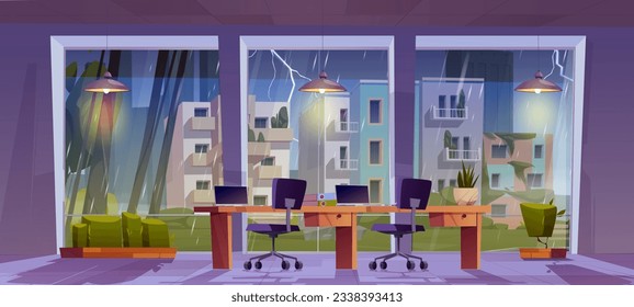 Company office interior in rainy weather. Vector cartoon illustration of room with large windows, laptops on desks, chairs, lamps. Thunderstorm with lightning in cloudy sky. City buildings view
