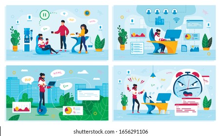 IT Company Office Life, Online Entrepreneurship, Freelance Work Trendy Flat Vector Concepts Set. Programmers on Break, Developer Failing Deadline, Rides Unicycle, Stressed Freelancer Illustration