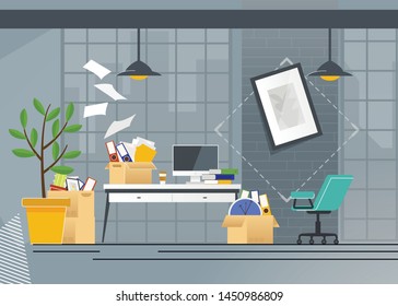 Company Office Move and Transportation Flat Cartoon. File folders and Paper Documents Piles in Cardboard Boxes, Flying Sheets, Table, Chair, PC, Flower in Pot. Vector Mess Room Interior Illustration