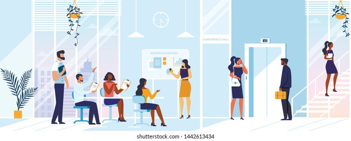 Company Office Panorama Flat Vector Illustration. Businessmen and Businesswomen Cartoon Characters. Corporate Lifestyle, Team Training. Colleagues Discussing Business Strategy in Conference Hall