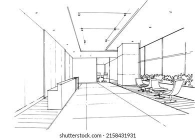 Company office waiting area sketch drawing,Modern design,vector,2d illustration