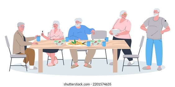 Company Of Older Men And Women At A Large Table. Dinner At The Nursing Home. Meeting Of Like-minded Pensioners. Flat Vector Illustration, Eps10