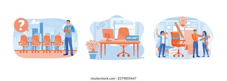 Company opens job vacancies. Search for new staff to fill vacant positions.Labor recruitment. Open vacancy concept. Set flat vector illustration.