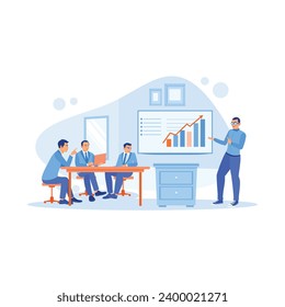 Company operations director holding presentation with employees and executives in office. Using a TV screen to analyze the growth of product sales graphs. Growth Analysis Concept. 