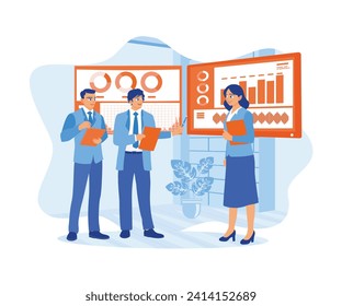 The company operations manager held a presentation with the business team in the meeting room. Employees are working. Business analysis concept. Flat vector illustration.