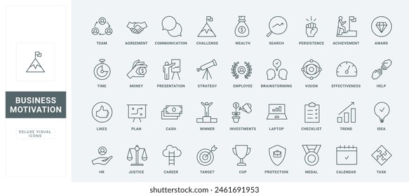 Company organization, planning and vision of success and growth, partnership thin black and red outline symbols, vector illustration. Business motivation, strategy of employment line icons set