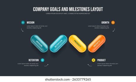 Company Overview Slideshow Design Vector Illustration. Investor Introduction Four Option Diagram Slide Layout. Sales Review 4 Step Infographic Frame Template.