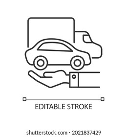 Company owned vehicles linear icon. Business use car. Truck and automobile on the human hand. Thin line customizable illustration. Contour symbol. Vector isolated outline drawing. Editable stroke